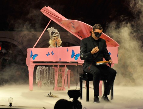 Lady Gaga herself performs (on a Damien Hirst piano no less) with Francesco Vezzoli at a MOCA gala in 2009.